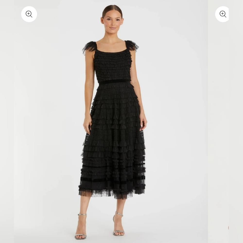 Black Ruffle Cap Sleeve Tiered Midi DressRegular price$398 USD - Picture 4 of 12